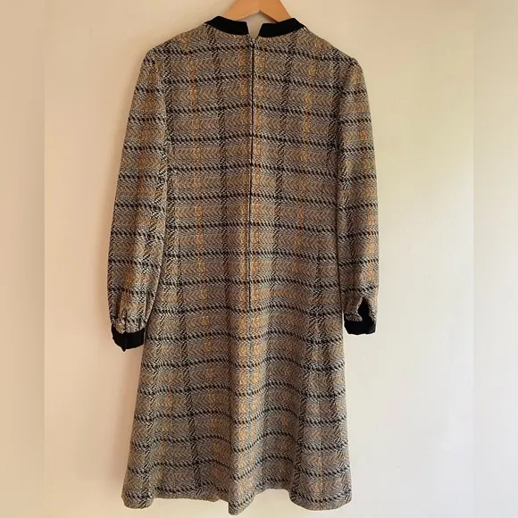 Vintage Mod Bert Geiger Plaid Wool Shift Dress Brown Black