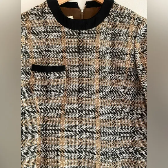 Vintage Mod Bert Geiger Plaid Wool Shift Dress Brown Black