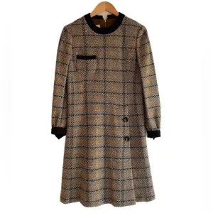 Vintage Mod Bert Geiger Plaid Wool Shift Dress Brown Black