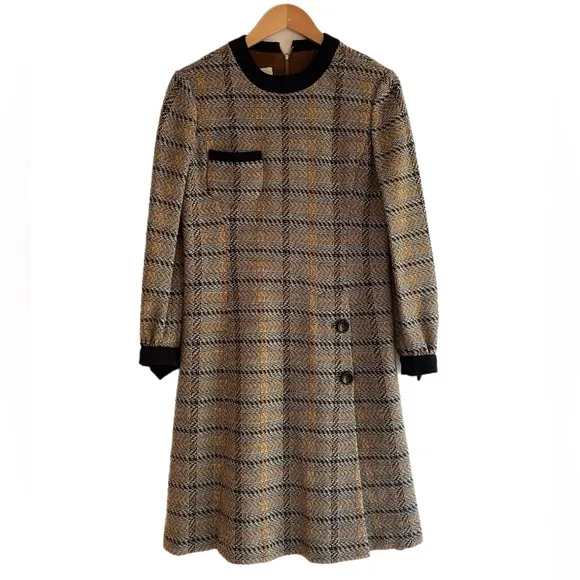 Vintage Mod Bert Geiger Plaid Wool Shift Dress Brown Black