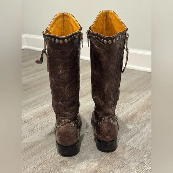 VINTAGE Old Gringo Brown Leather Distressed Studded Boots Men's Size 7.5 B EUC
