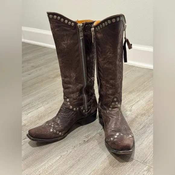 VINTAGE Old Gringo Brown Leather Distressed Studded Boots Men's Size 7.5 B EUC