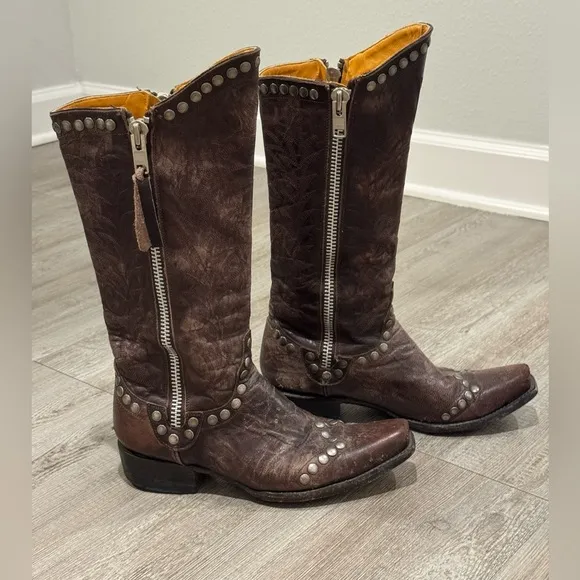 VINTAGE Old Gringo Brown Leather Distressed Studded Boots Men's Size 7.5 B EUC