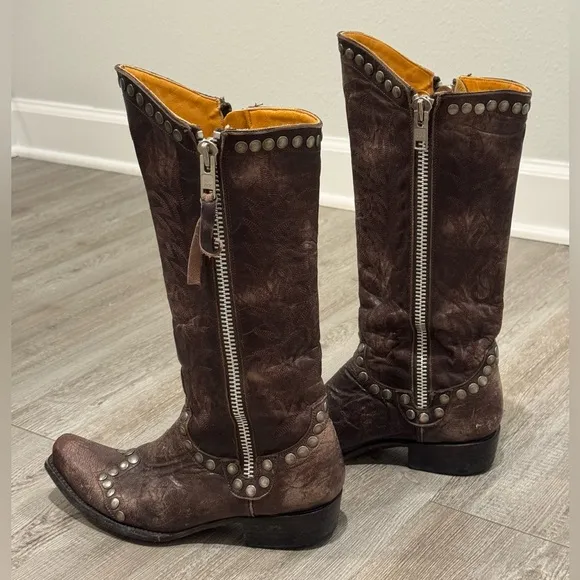VINTAGE Old Gringo Brown Leather Distressed Studded Boots Men's Size 7.5 B EUC