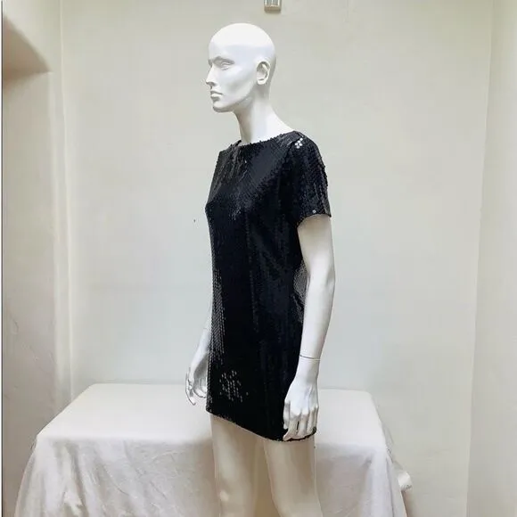 VINTAGE SAELEE MINI ALLOVER SEQUIN DRESS NWOT BLACK SMALL  BODYCON CAP SLEEVE