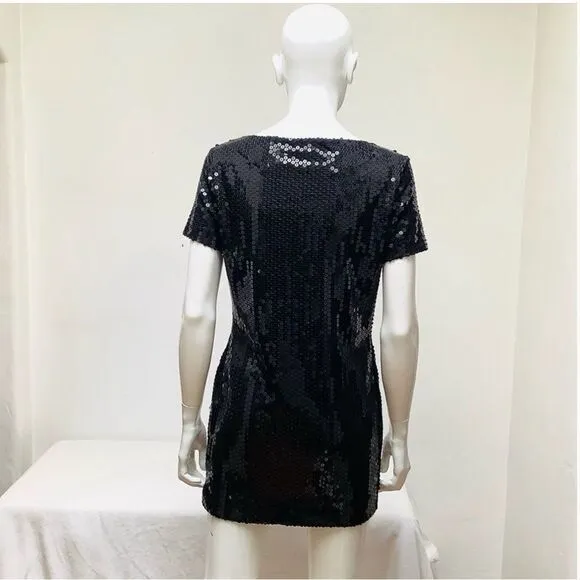 VINTAGE SAELEE MINI ALLOVER SEQUIN DRESS NWOT BLACK SMALL  BODYCON CAP SLEEVE