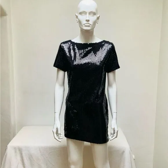 VINTAGE SAELEE MINI ALLOVER SEQUIN DRESS NWOT BLACK SMALL  BODYCON CAP SLEEVE