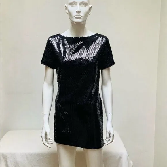 VINTAGE SAELEE MINI ALLOVER SEQUIN DRESS NWOT BLACK SMALL  BODYCON CAP SLEEVE
