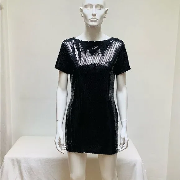 VINTAGE SAELEE MINI ALLOVER SEQUIN DRESS NWOT BLACK SMALL  STRETCH CAP SLEEVE