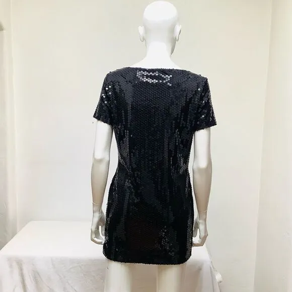 VINTAGE SAELEE MINI ALLOVER SEQUIN DRESS NWOT BLACK SMALL  STRETCH CAP SLEEVE