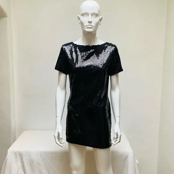 VINTAGE SAELEE MINI ALLOVER SEQUIN DRESS NWOT BLACK SMALL  STRETCH CAP SLEEVE