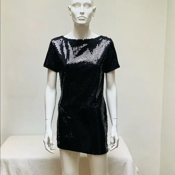 VINTAGE SAELEE MINI ALLOVER SEQUIN DRESS NWOT BLACK SMALL  STRETCH CAP SLEEVE