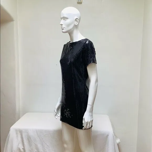 VINTAGE SAELEE MINI ALLOVER SEQUIN DRESS NWOT BLACK SMALL  STRETCH CAP SLEEVE