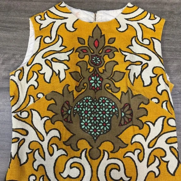 Vintage Stacy Ames dress women's small yellow sheath mid century modern