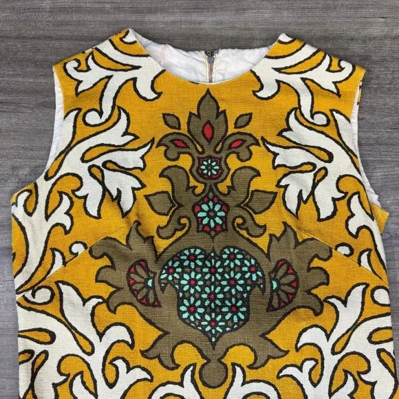Vintage Stacy Ames dress women's small yellow sheath mid century modern