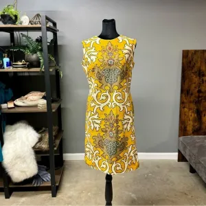 Vintage Stacy Ames dress women's small yellow sheath mid century modern