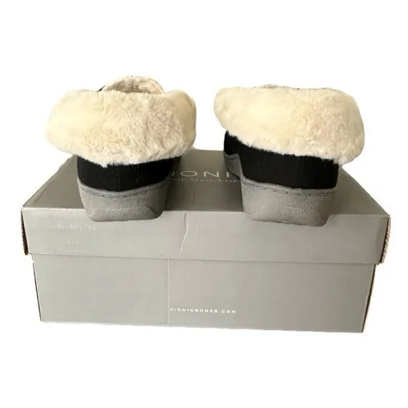 Vionic Believe Black Quilted Black Slippers with Faux Fur Women’s Size 6 Medium