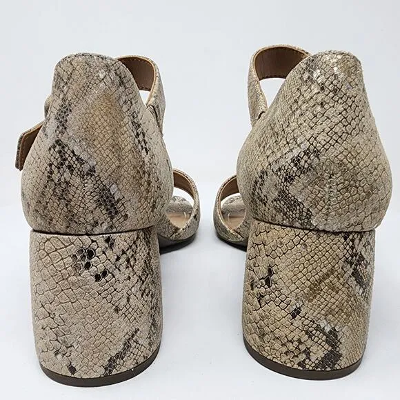 Vionic Chardonnay Sandals Size 8.5M Snake Emboss Tan Leather Open Toe Block Heel