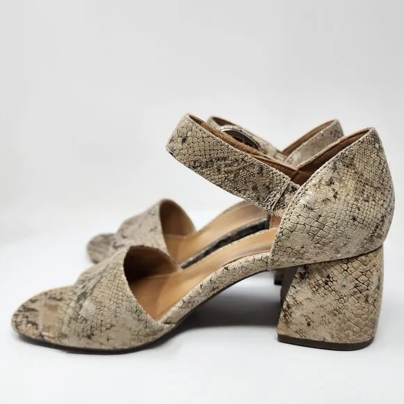 Vionic Chardonnay Sandals Size 8.5M Snake Emboss Tan Leather Open Toe Block Heel