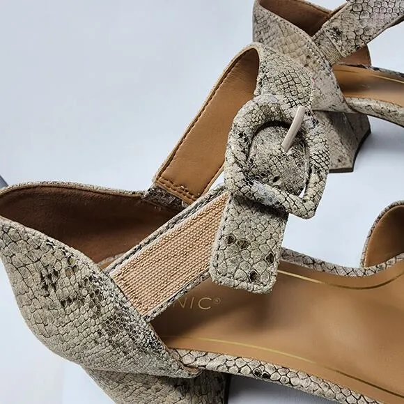 Vionic Chardonnay Sandals Size 8.5M Snake Emboss Tan Leather Open Toe Block Heel