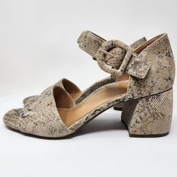 Vionic Chardonnay Sandals Size 8.5M Snake Emboss Tan Leather Open Toe Block Heel