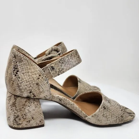Vionic Chardonnay Sandals Size 8.5M Snake Emboss Tan Leather Open Toe Block Heel
