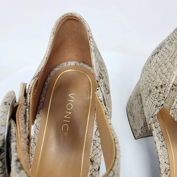 Vionic Chardonnay Sandals Size 8.5M Snake Emboss Tan Leather Open Toe Block Heel