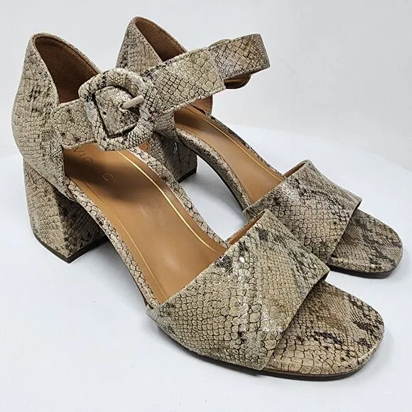 Vionic Chardonnay Sandals Size 8.5M Snake Emboss Tan Leather Open Toe Block Heel
