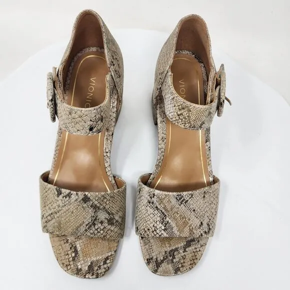 Vionic Chardonnay Sandals Size 8.5M Snake Emboss Tan Leather Open Toe Block Heel