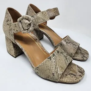 Vionic Chardonnay Sandals Size 8.5M Snake Emboss Tan Leather Open Toe Block Heel