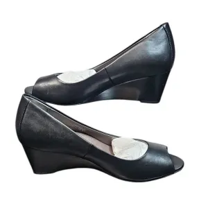 Vionic Proud Bria Peep Toe Wedge Heels Comfortable Black Leather Shoes 7New