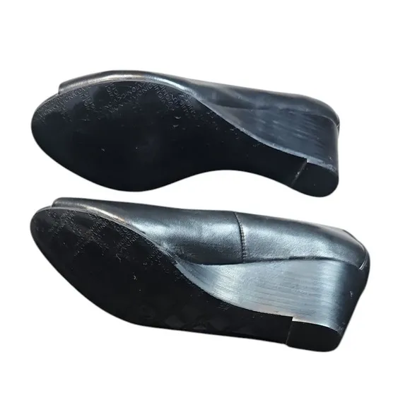 Vionic Proud Bria Peep Toe Wedge Heels Comfortable Black Leather Shoes 7New