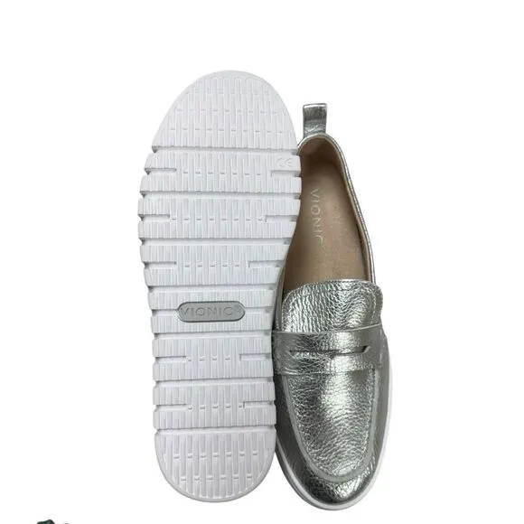 VIONIC Uptown Flats Shoes Loafers Leather Silver Comfort Size 8.5 New