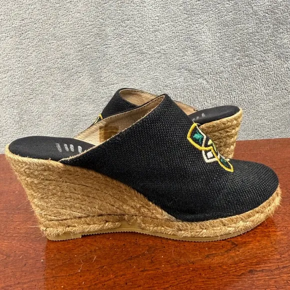 Viscata Black Embroidered Floral Wedge EU 37 Mule Slides Espadrille Platform