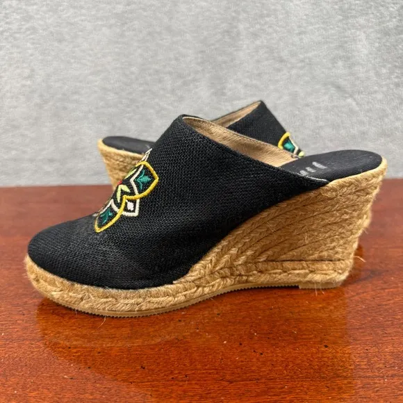 Viscata Black Embroidered Floral Wedge EU 37 Mule Slides Espadrille Platform