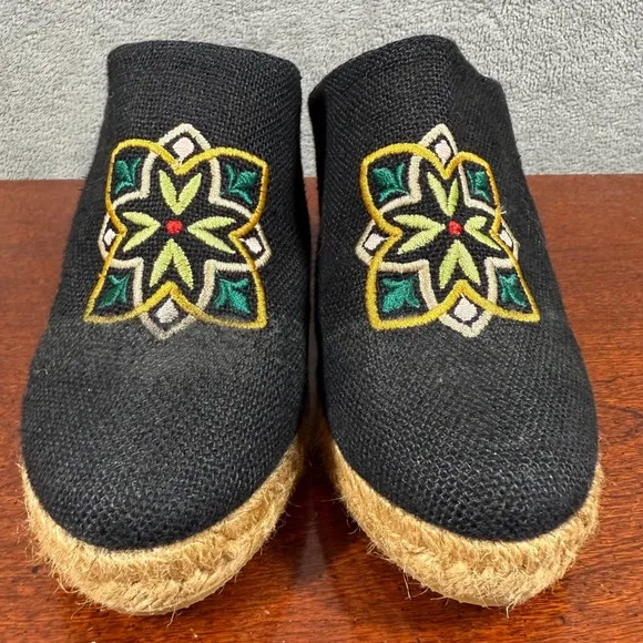 Viscata Black Embroidered Floral Wedge EU 37 Mule Slides Espadrille Platform