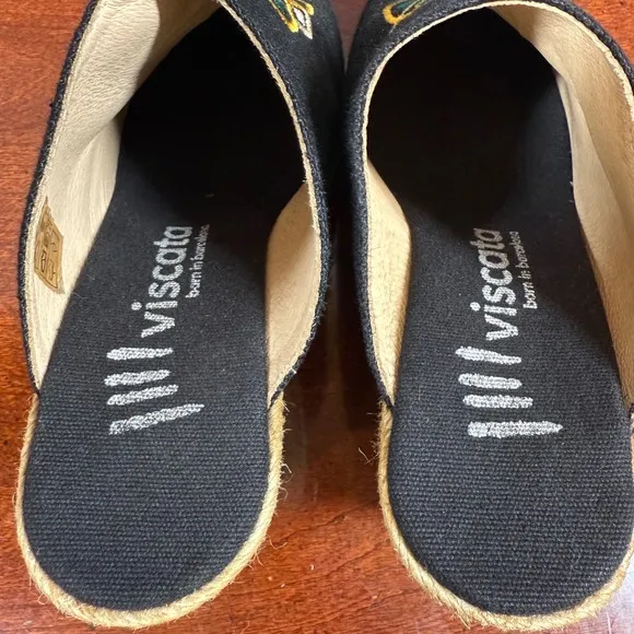 Viscata Black Embroidered Floral Wedge EU 37 Mule Slides Espadrille Platform