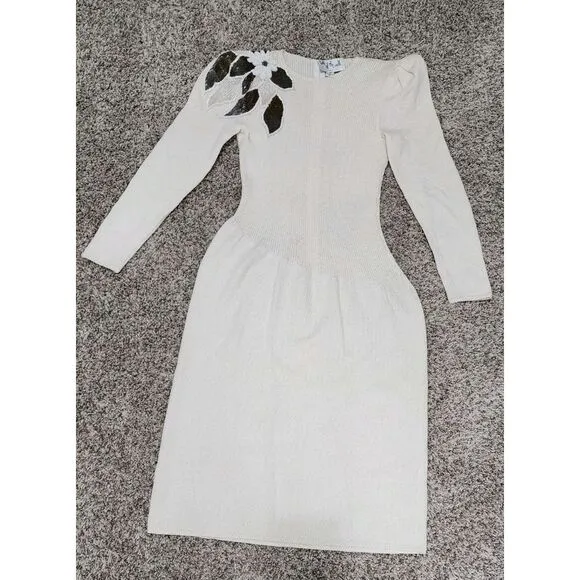 Vtg 90s Talk Of The Walk Modern Filipiniana Beaded Knit‎ Dress Sz 10 USA Made