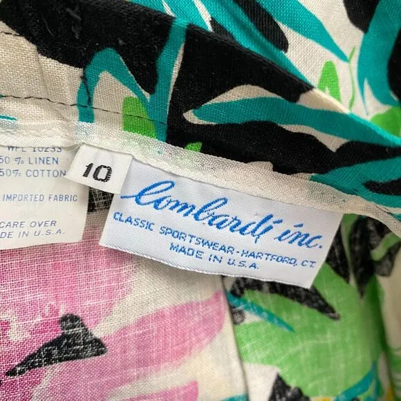 Vtg Lombardi Womens Sz 10 Floral Pleated Midi Skirt Linen Pockets Hawaiian Aloha