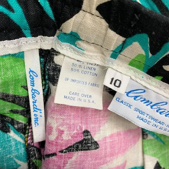 Vtg Lombardi Womens Sz 10 Floral Pleated Midi Skirt Linen Pockets Hawaiian Aloha
