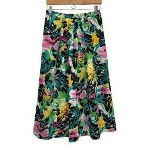 Vtg Lombardi Womens Sz 10 Floral Pleated Midi Skirt Linen Pockets Hawaiian Aloha