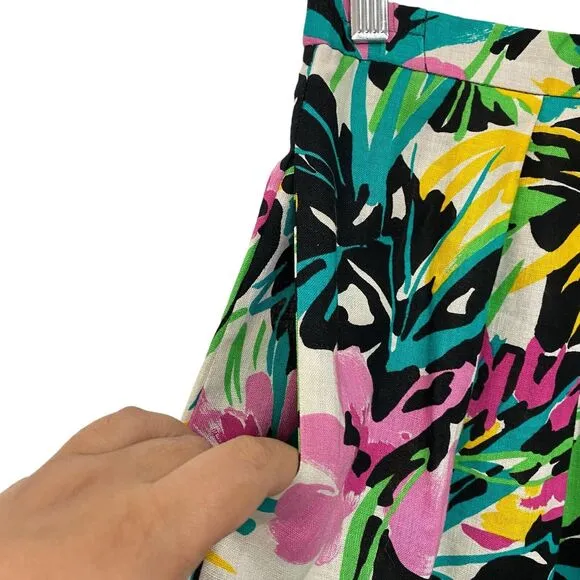 Vtg Lombardi Womens Sz 10 Floral Pleated Midi Skirt Linen Pockets Hawaiian Aloha