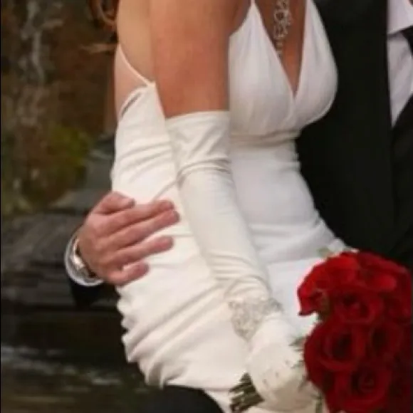 Wedding Dress White 8 spaghetti strap teardrop bust, open back with train