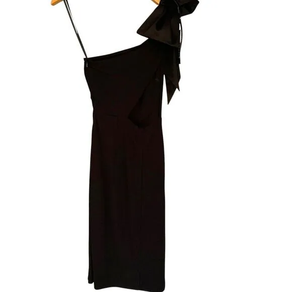 WHBM One Shoulder Cutout Bow Modern Midi Cocktail Party Glam Black Size 10 NWT