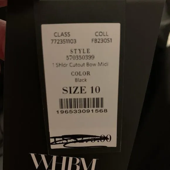 WHBM One Shoulder Cutout Bow Modern Midi Cocktail Party Glam Black Size 10 NWT