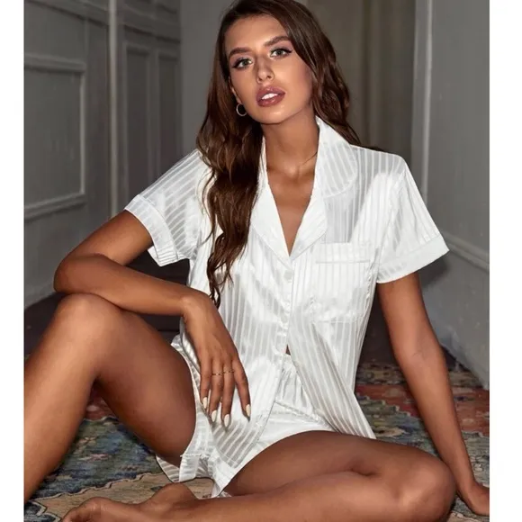 White PinStripe Satin Pajama Set