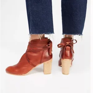 Woman’s Leather Ankle Booties Size 9 Wrap Around Tie Stack Heel Preloved Gentle
