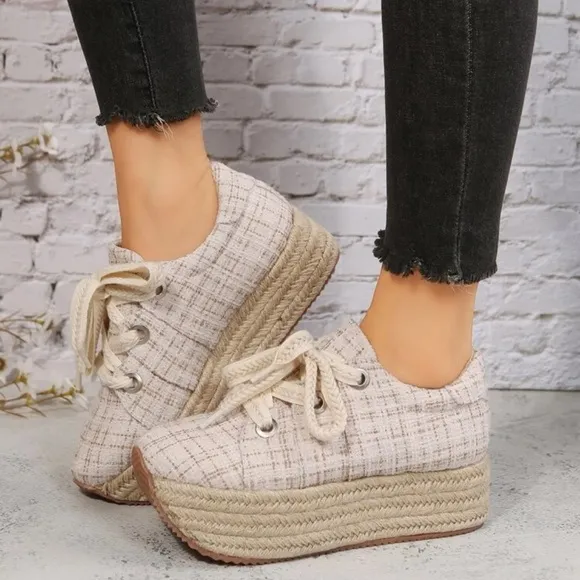 Women Espadrille Lace-up Flatform Oxford Shoes