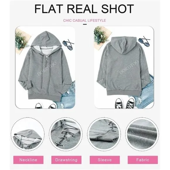 WOMEN lace up V neck drawstring hoodies sweatshirt, dark grey