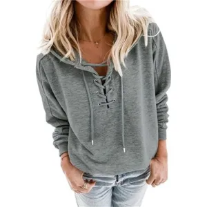 WOMEN lace up V neck drawstring hoodies sweatshirt, dark grey